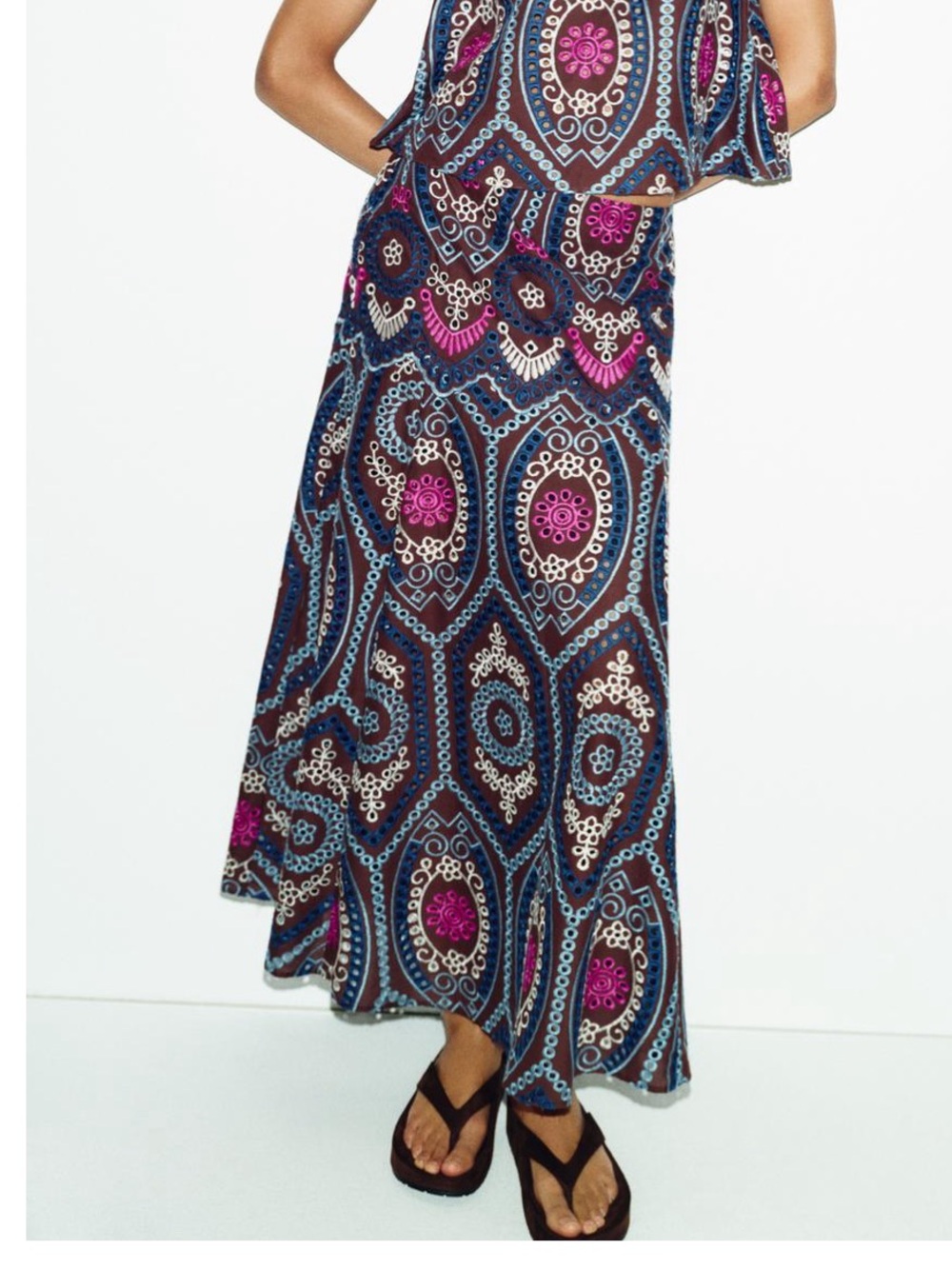 Zara Embroidered Eyelet A-Line Madi  Skirt in Brown with Blue & Pink Accent - Picture 4 of 9